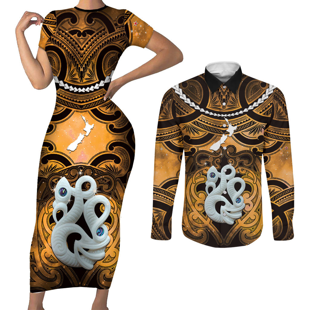 Personalised Maori Matariki Manaia Kowhai Couples Matching Short Sleeve Bodycon Dress and Long Sleeve Button Shirt Maori Kowhaiwhai Pattern Galaxy