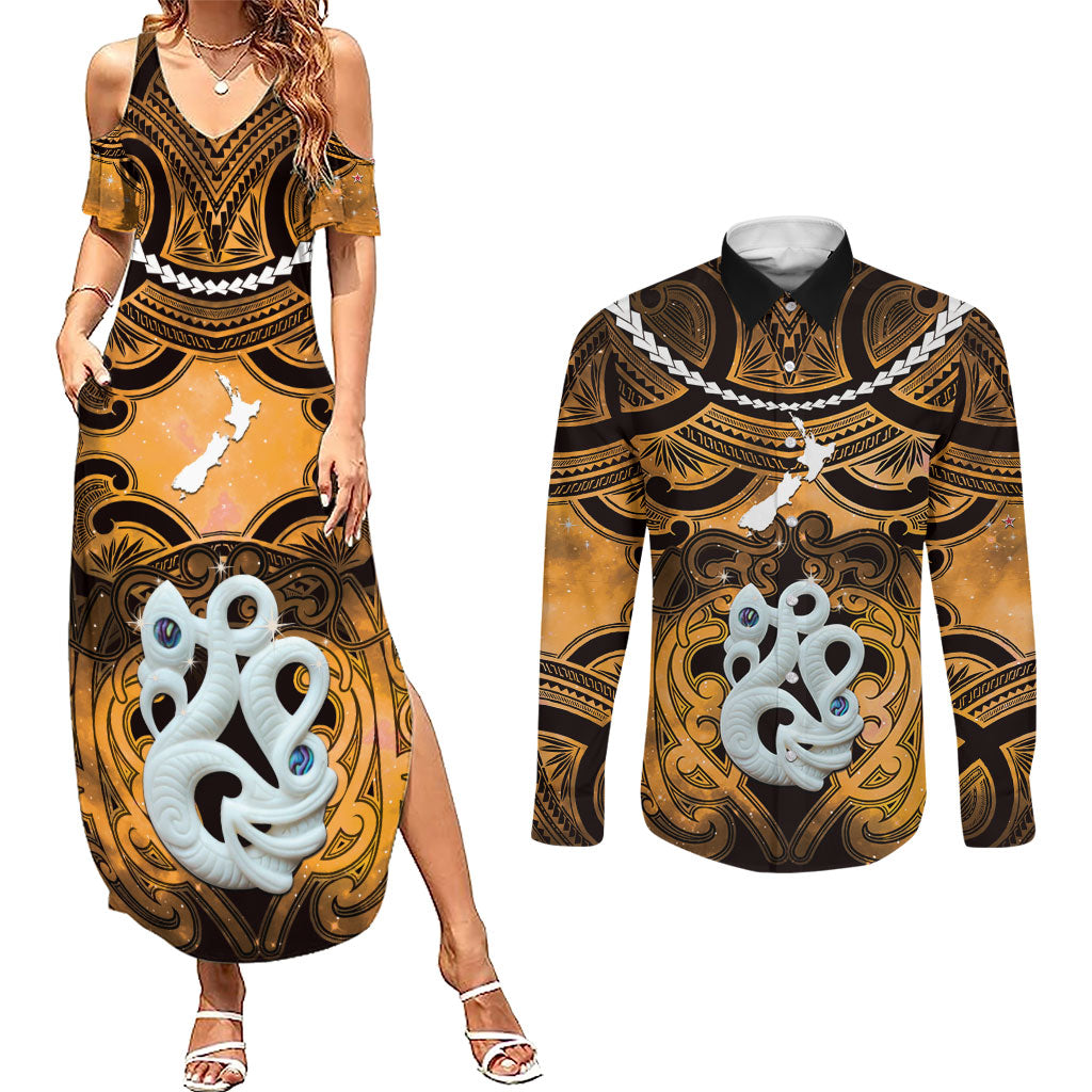 Personalised Maori Matariki Manaia Kowhai Couples Matching Summer Maxi Dress and Long Sleeve Button Shirt Maori Kowhaiwhai Pattern Galaxy