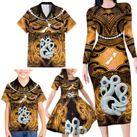 Personalised Maori Matariki Manaia Kowhai Family Matching Long Sleeve Bodycon Dress and Hawaiian Shirt Maori Kowhaiwhai Pattern Galaxy