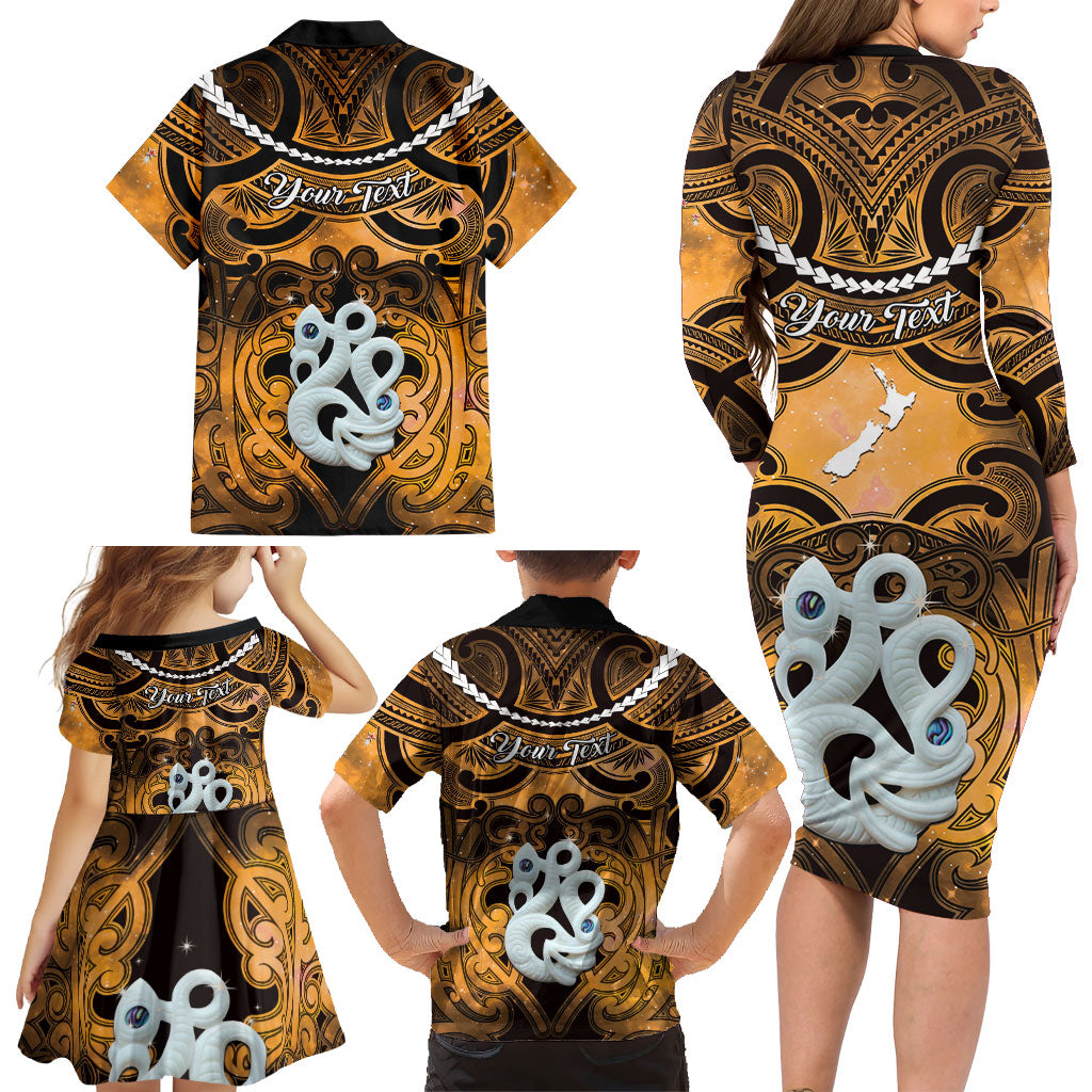 Personalised Maori Matariki Manaia Kowhai Family Matching Long Sleeve Bodycon Dress and Hawaiian Shirt Maori Kowhaiwhai Pattern Galaxy