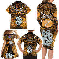 Personalised Maori Matariki Manaia Kowhai Family Matching Long Sleeve Bodycon Dress and Hawaiian Shirt Maori Kowhaiwhai Pattern Galaxy