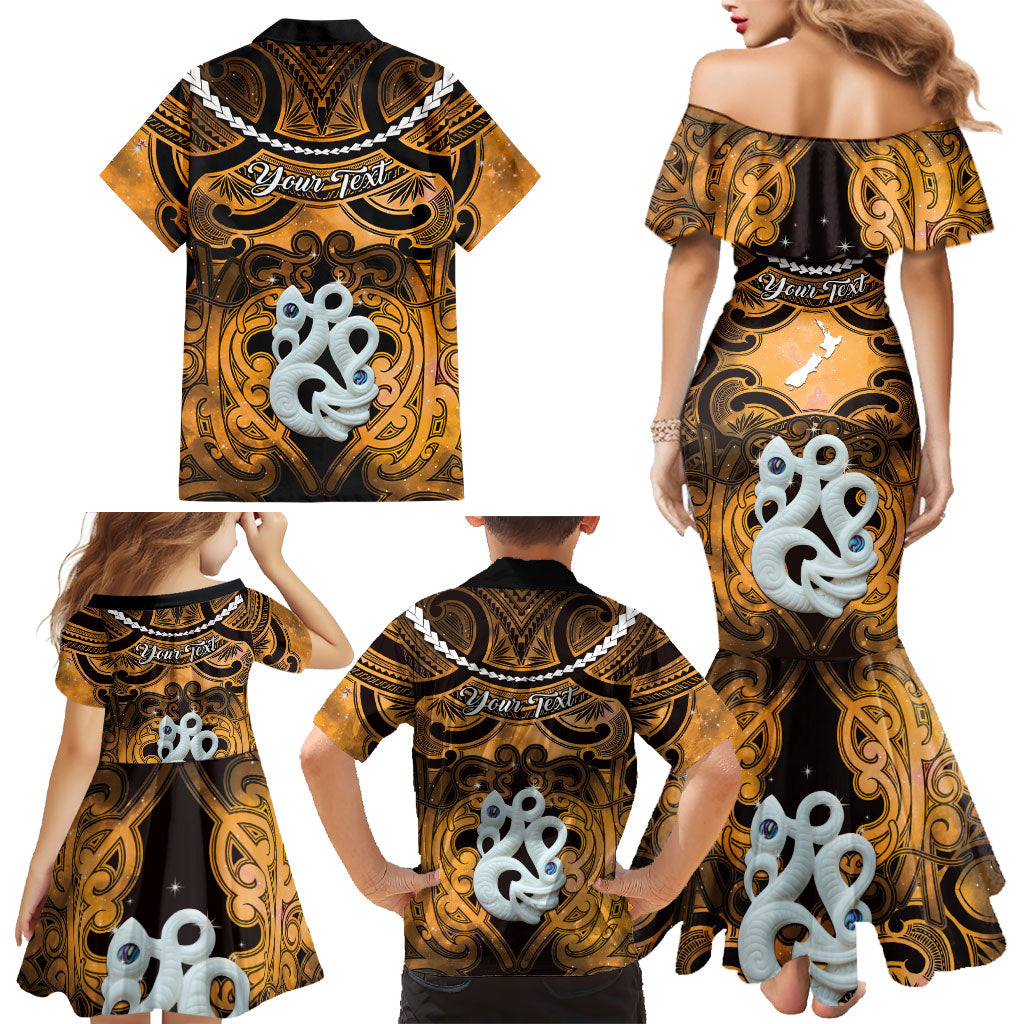 Personalised Maori Matariki Manaia Kowhai Family Matching Mermaid Dress and Hawaiian Shirt Maori Kowhaiwhai Pattern Galaxy