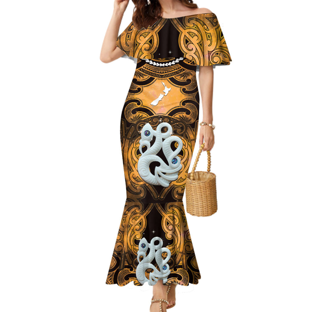 Personalised Maori Matariki Manaia Kowhai Family Matching Mermaid Dress and Hawaiian Shirt Maori Kowhaiwhai Pattern Galaxy