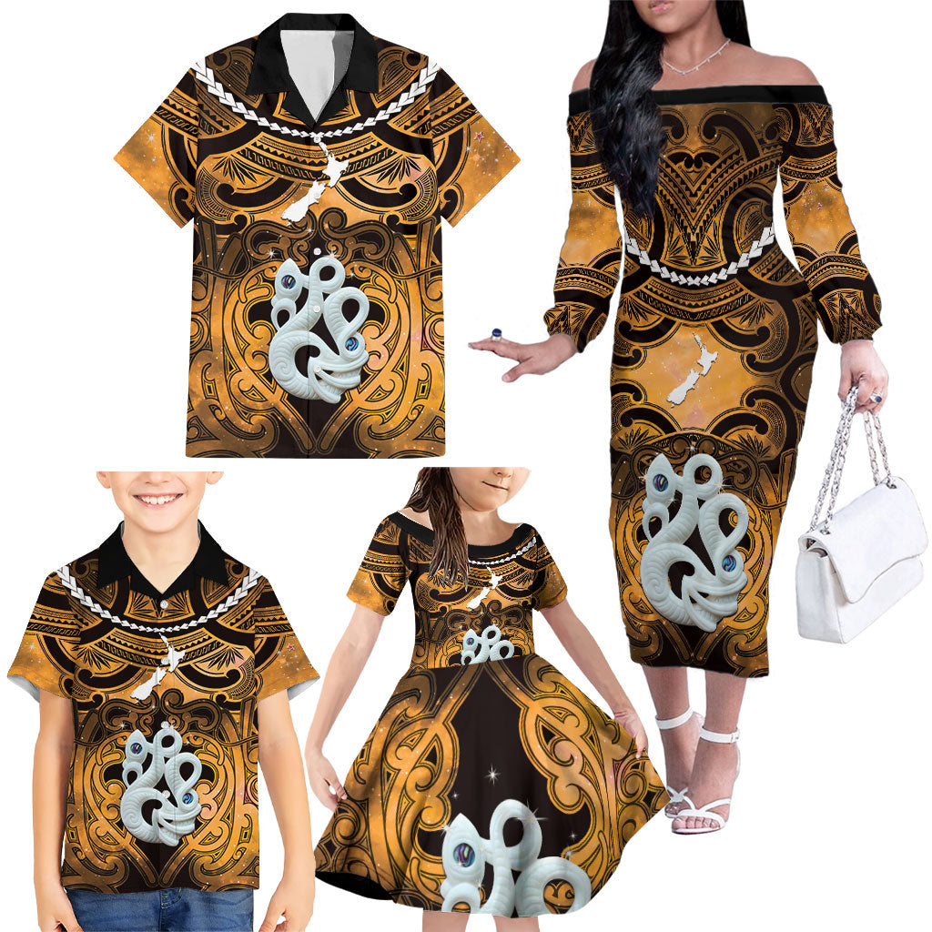 Personalised Maori Matariki Manaia Kowhai Family Matching Off The Shoulder Long Sleeve Dress and Hawaiian Shirt Maori Kowhaiwhai Pattern Galaxy