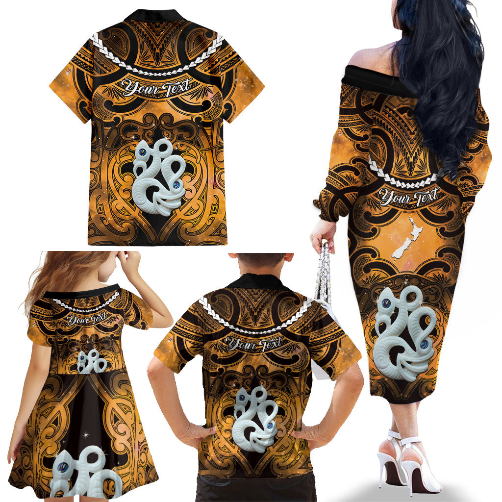 Personalised Maori Matariki Manaia Kowhai Family Matching Off The Shoulder Long Sleeve Dress and Hawaiian Shirt Maori Kowhaiwhai Pattern Galaxy