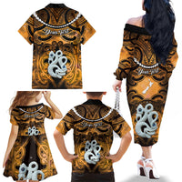 Personalised Maori Matariki Manaia Kowhai Family Matching Off The Shoulder Long Sleeve Dress and Hawaiian Shirt Maori Kowhaiwhai Pattern Galaxy