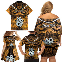 Personalised Maori Matariki Manaia Kowhai Family Matching Off Shoulder Short Dress and Hawaiian Shirt Maori Kowhaiwhai Pattern Galaxy
