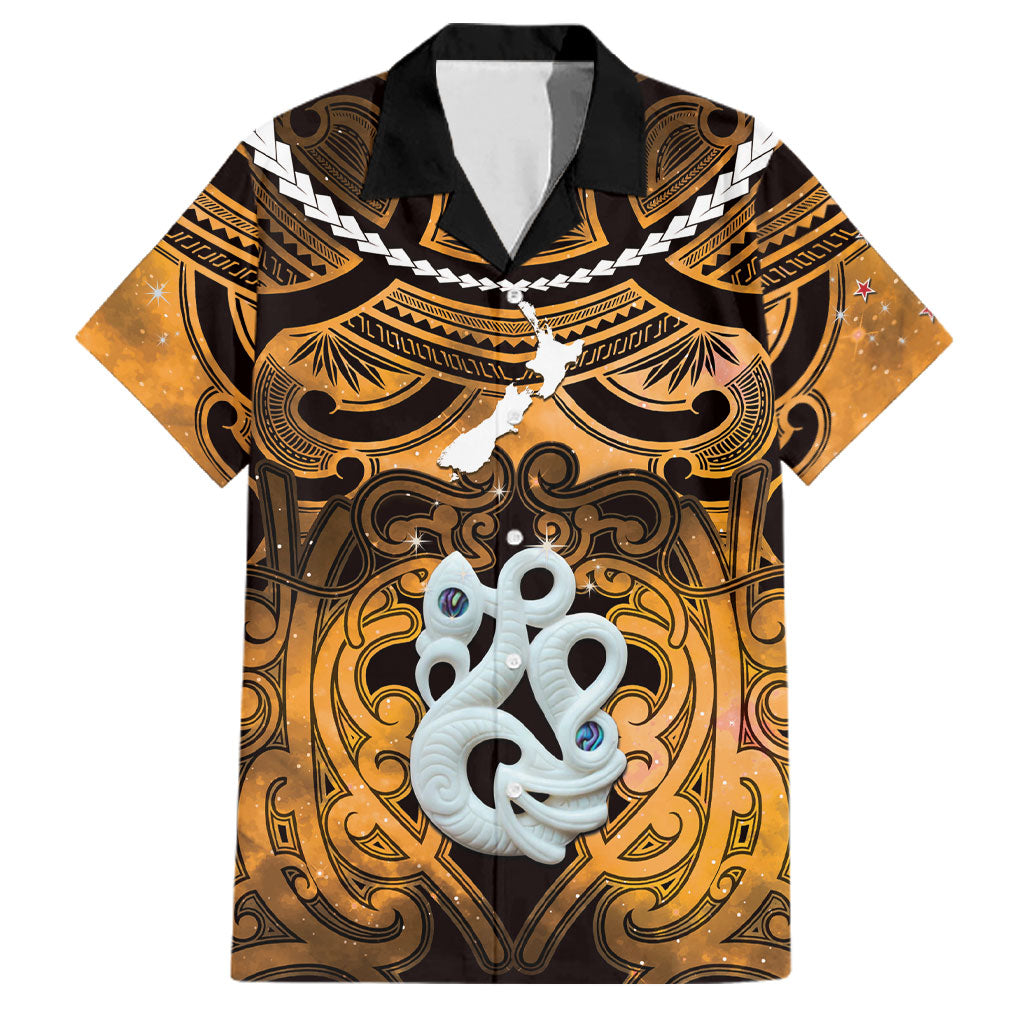 Personalised Maori Matariki Manaia Kowhai Family Matching Off Shoulder Short Dress and Hawaiian Shirt Maori Kowhaiwhai Pattern Galaxy