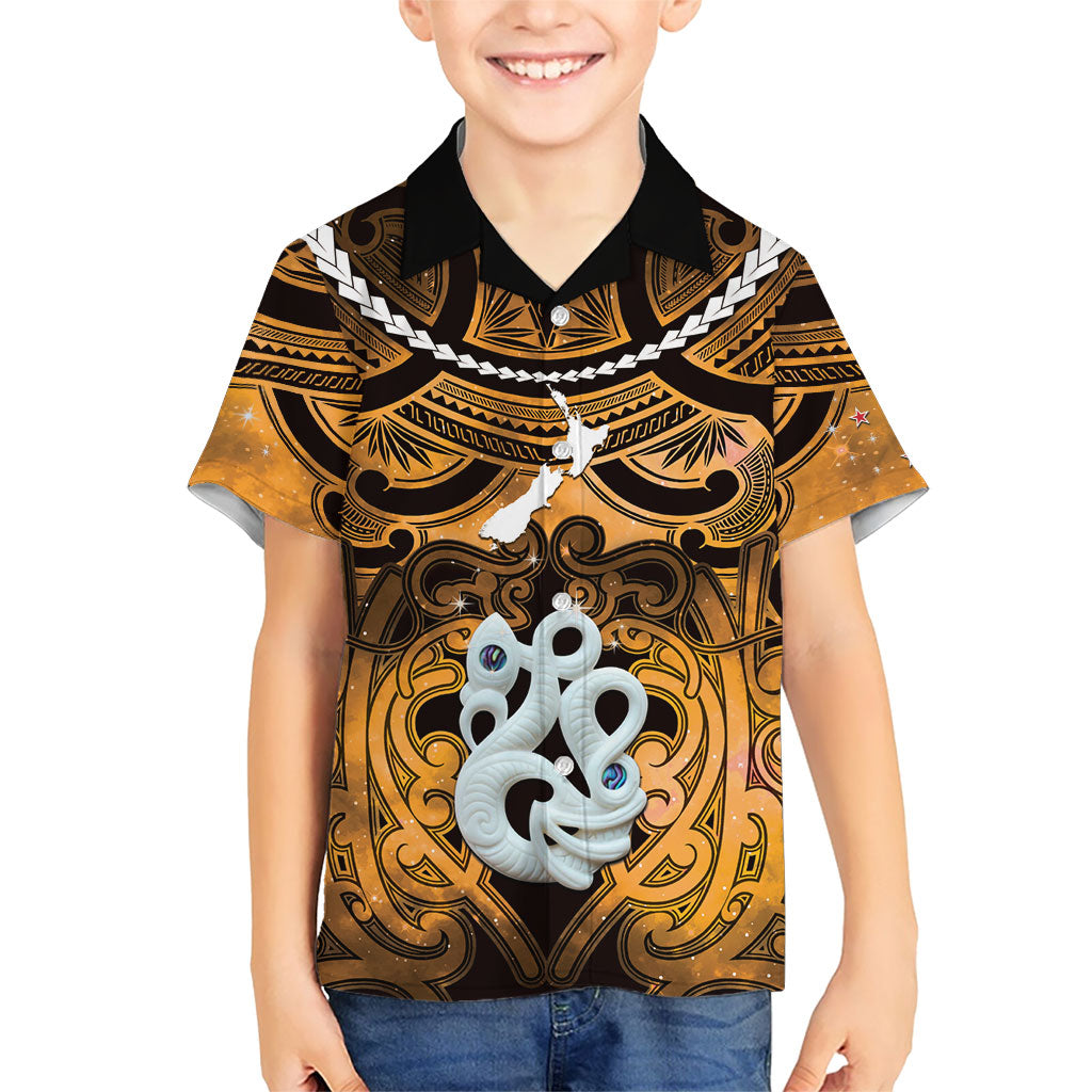 Personalised Maori Matariki Manaia Kowhai Family Matching Puletasi and Hawaiian Shirt Maori Kowhaiwhai Pattern Galaxy