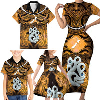 Personalised Maori Matariki Manaia Kowhai Family Matching Short Sleeve Bodycon Dress and Hawaiian Shirt Maori Kowhaiwhai Pattern Galaxy