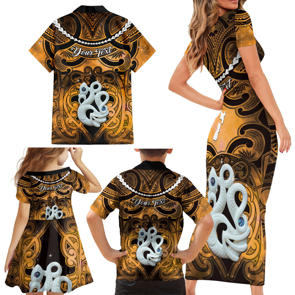 Personalised Maori Matariki Manaia Kowhai Family Matching Short Sleeve Bodycon Dress and Hawaiian Shirt Maori Kowhaiwhai Pattern Galaxy