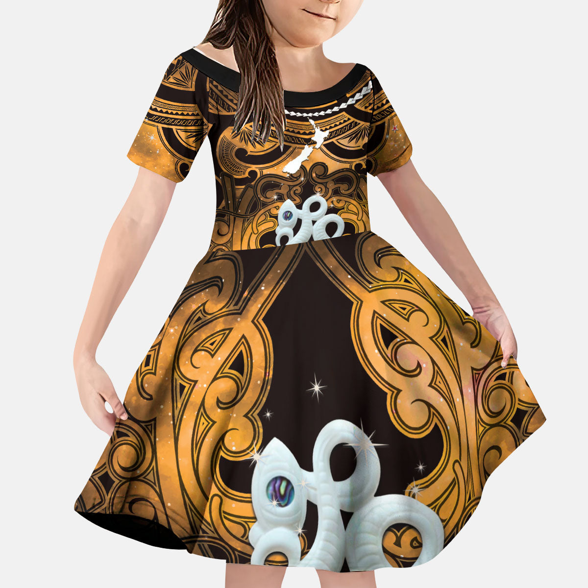 Personalised Maori Matariki Manaia Kowhai Kid Short Sleeve Dress Maori Kowhaiwhai Pattern Galaxy