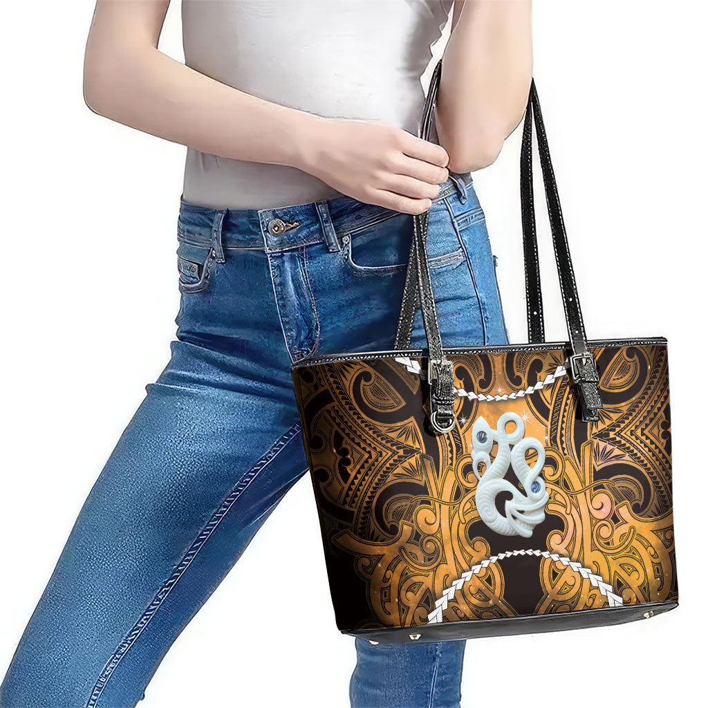 Maori Matariki Manaia Kowhai Leather Tote Bag Maori Kowhaiwhai Pattern Galaxy