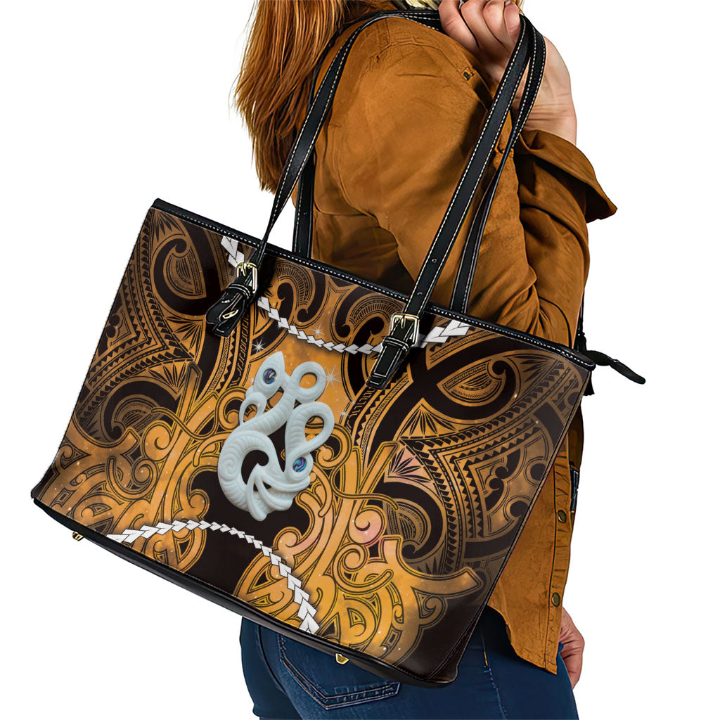 Maori Matariki Manaia Kowhai Leather Tote Bag Maori Kowhaiwhai Pattern Galaxy