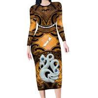 Personalised Maori Matariki Manaia Kowhai Long Sleeve Bodycon Dress Maori Kowhaiwhai Pattern Galaxy