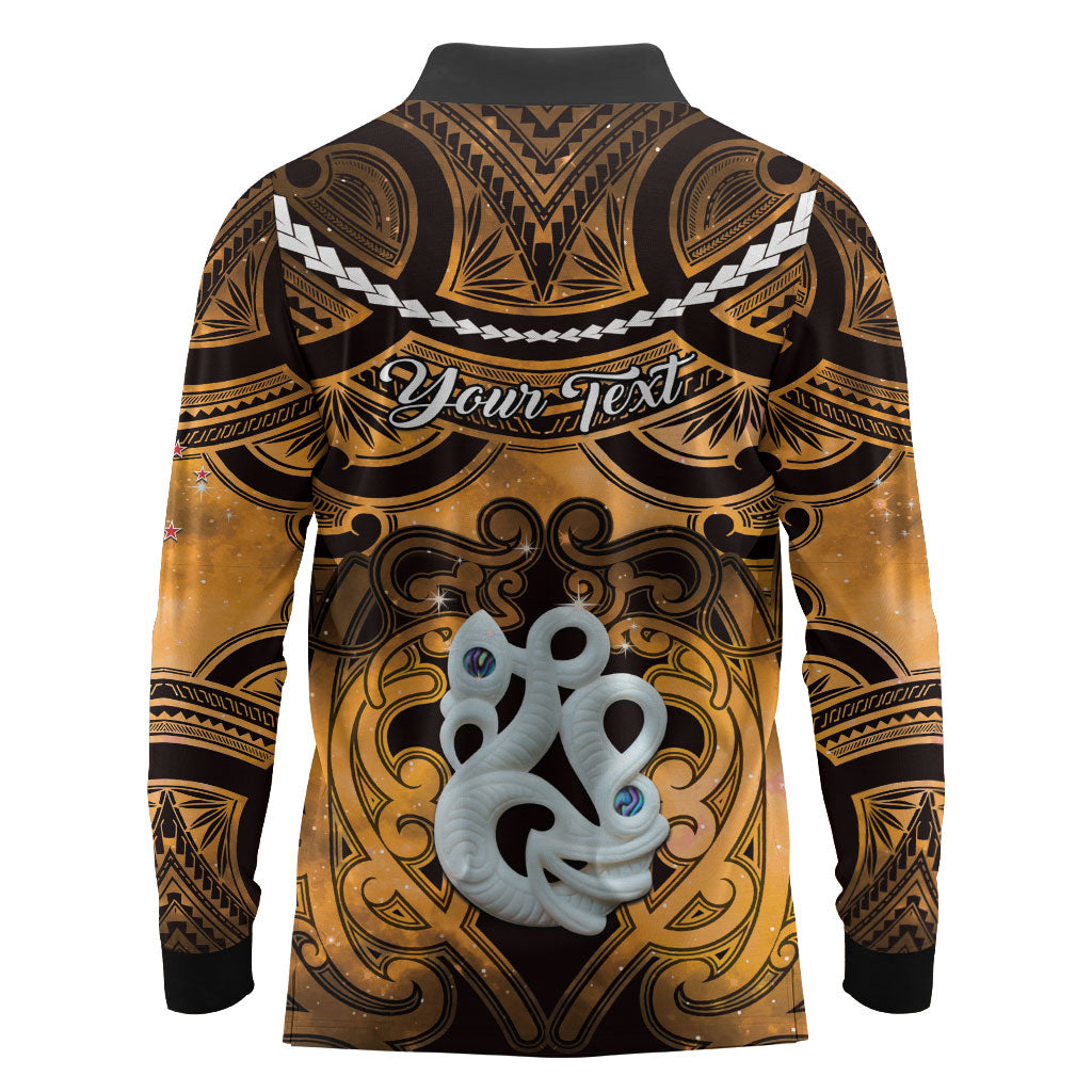 Personalised Maori Matariki Manaia Kowhai Long Sleeve Polo Shirt Maori Kowhaiwhai Pattern Galaxy