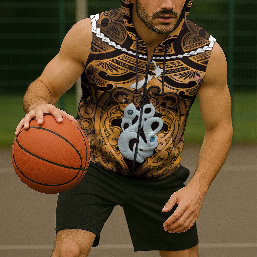 Personalised Maori Matariki Manaia Kowhai Sleeveless Zip Hoodie Maori Kowhaiwhai Pattern Galaxy