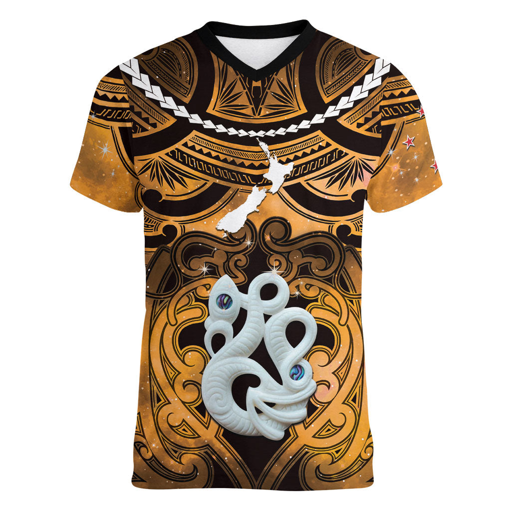 Personalised Maori Matariki Manaia Kowhai Women V-Neck T-Shirt Maori Kowhaiwhai Pattern Galaxy