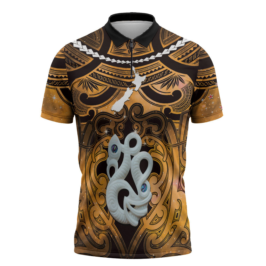 Personalised Maori Matariki Manaia Kowhai Zipper Polo Shirt Maori Kowhaiwhai Pattern Galaxy LT01 Yellow - Polynesian Pride