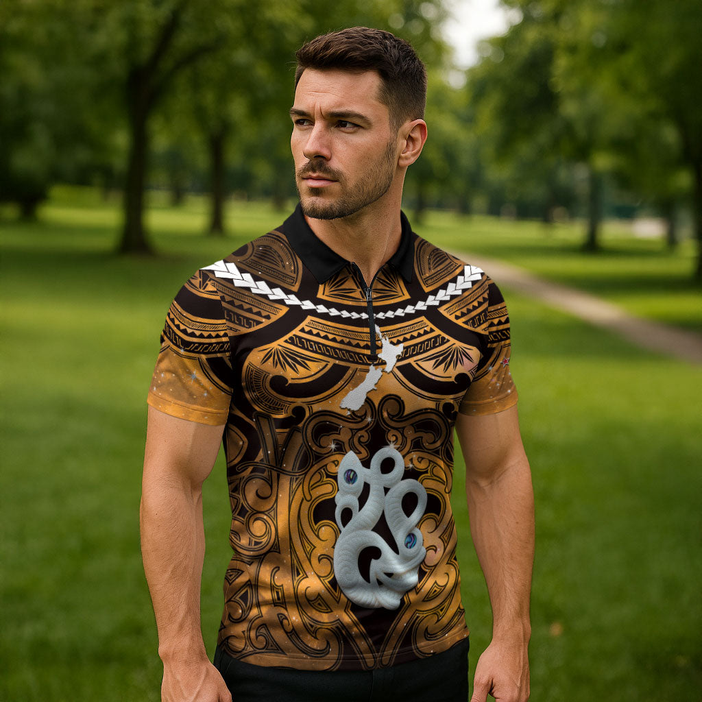 Personalised Maori Matariki Manaia Kowhai Zipper Polo Shirt Maori Kowhaiwhai Pattern Galaxy LT01 - Polynesian Pride