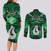 Personalised Maori Matariki Hei Matau Kakariki Couples Matching Long Sleeve Bodycon Dress and Long Sleeve Button Shirt Maori Kowhaiwhai Pattern Galaxy