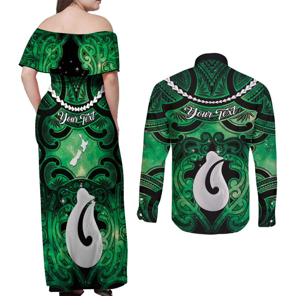 Personalised Maori Matariki Hei Matau Kakariki Couples Matching Off Shoulder Maxi Dress and Long Sleeve Button Shirt Maori Kowhaiwhai Pattern Galaxy