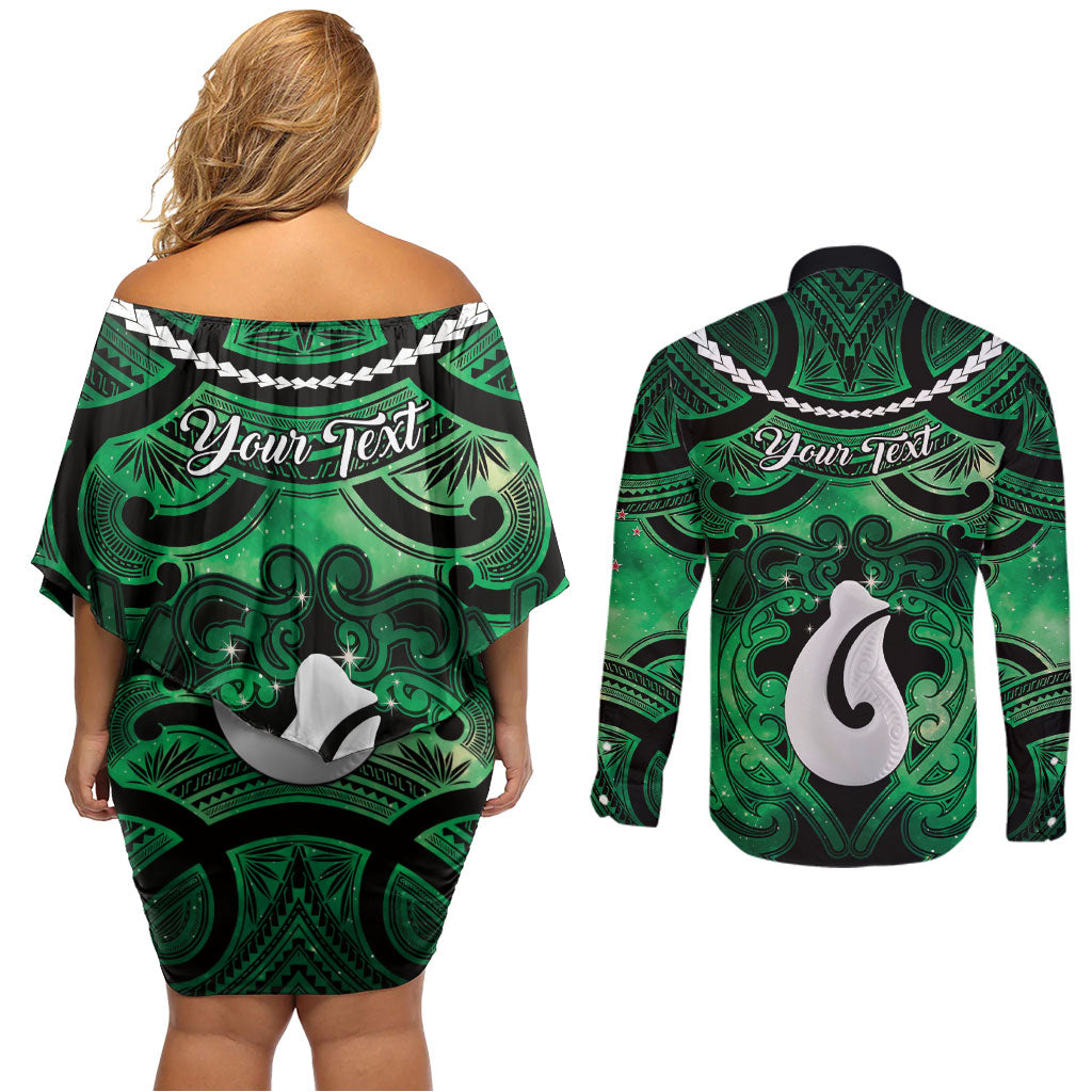 Personalised Maori Matariki Hei Matau Kakariki Couples Matching Off Shoulder Short Dress and Long Sleeve Button Shirt Maori Kowhaiwhai Pattern Galaxy