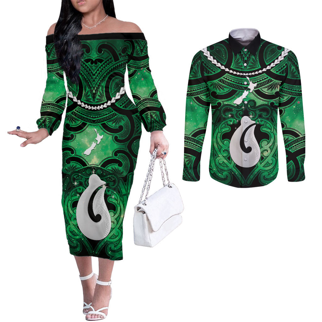 Personalised Maori Matariki Hei Matau Kakariki Couples Matching Off The Shoulder Long Sleeve Dress and Long Sleeve Button Shirt Maori Kowhaiwhai Pattern Galaxy