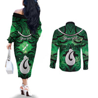 Personalised Maori Matariki Hei Matau Kakariki Couples Matching Off The Shoulder Long Sleeve Dress and Long Sleeve Button Shirt Maori Kowhaiwhai Pattern Galaxy