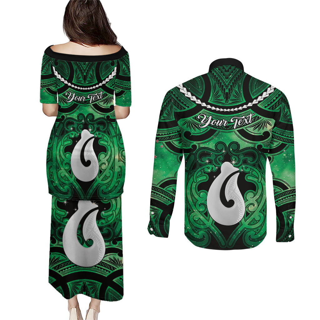 Personalised Maori Matariki Hei Matau Kakariki Couples Matching Puletasi and Long Sleeve Button Shirt Maori Kowhaiwhai Pattern Galaxy
