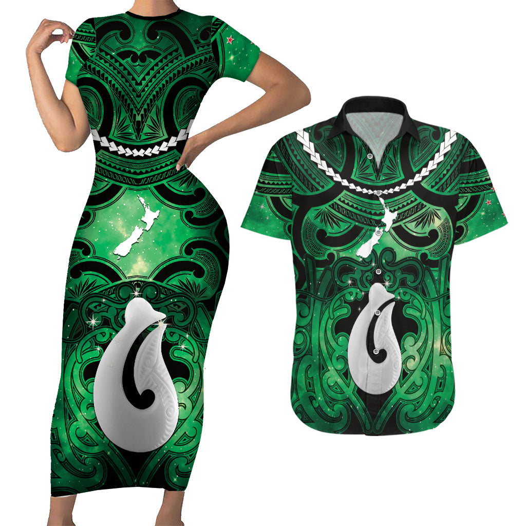 Personalised Maori Matariki Hei Matau Kakariki Couples Matching Short Sleeve Bodycon Dress and Hawaiian Shirt Maori Kowhaiwhai Pattern Galaxy LT01 Green - Polynesian Pride