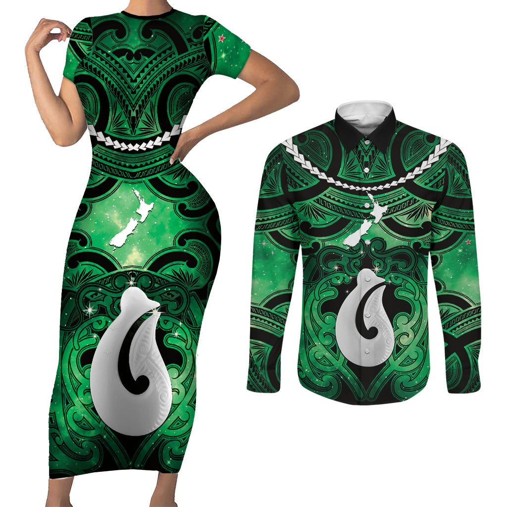 Personalised Maori Matariki Hei Matau Kakariki Couples Matching Short Sleeve Bodycon Dress and Long Sleeve Button Shirt Maori Kowhaiwhai Pattern Galaxy