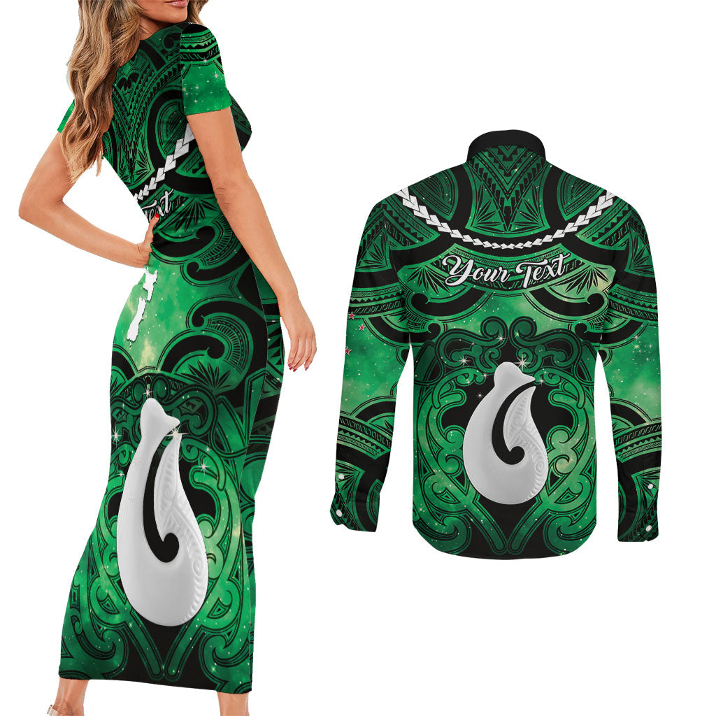 Personalised Maori Matariki Hei Matau Kakariki Couples Matching Short Sleeve Bodycon Dress and Long Sleeve Button Shirt Maori Kowhaiwhai Pattern Galaxy