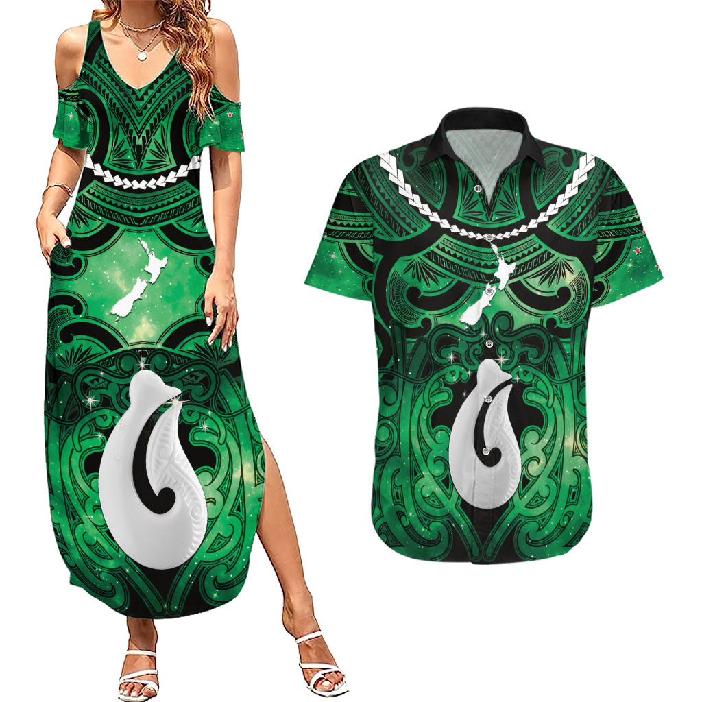 Personalised Maori Matariki Hei Matau Kakariki Couples Matching Summer Maxi Dress and Hawaiian Shirt Maori Kowhaiwhai Pattern Galaxy