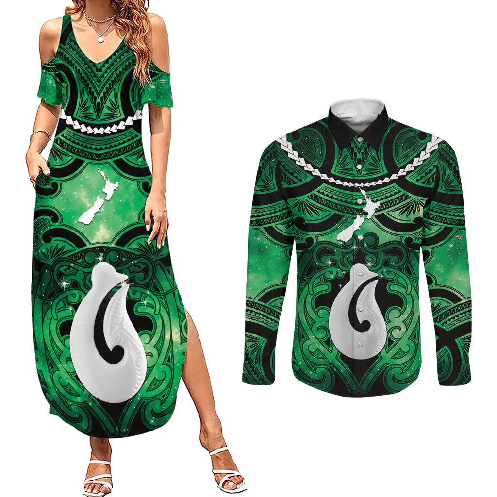 Personalised Maori Matariki Hei Matau Kakariki Couples Matching Summer Maxi Dress and Long Sleeve Button Shirt Maori Kowhaiwhai Pattern Galaxy