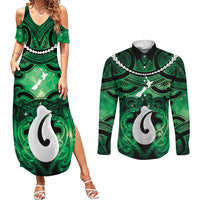 Personalised Maori Matariki Hei Matau Kakariki Couples Matching Summer Maxi Dress and Long Sleeve Button Shirt Maori Kowhaiwhai Pattern Galaxy