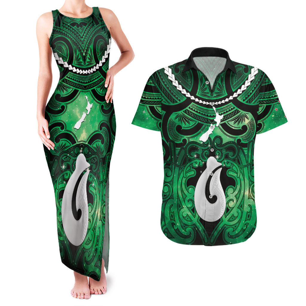 Personalised Maori Matariki Hei Matau Kakariki Couples Matching Tank Maxi Dress and Hawaiian Shirt Maori Kowhaiwhai Pattern Galaxy