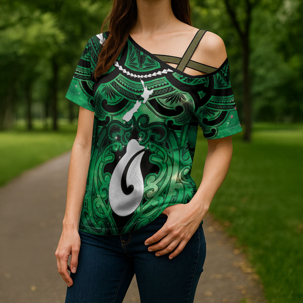 Personalised Maori Matariki Hei Matau Kakariki Cross Shoulder Shirt Maori Kowhaiwhai Pattern Galaxy