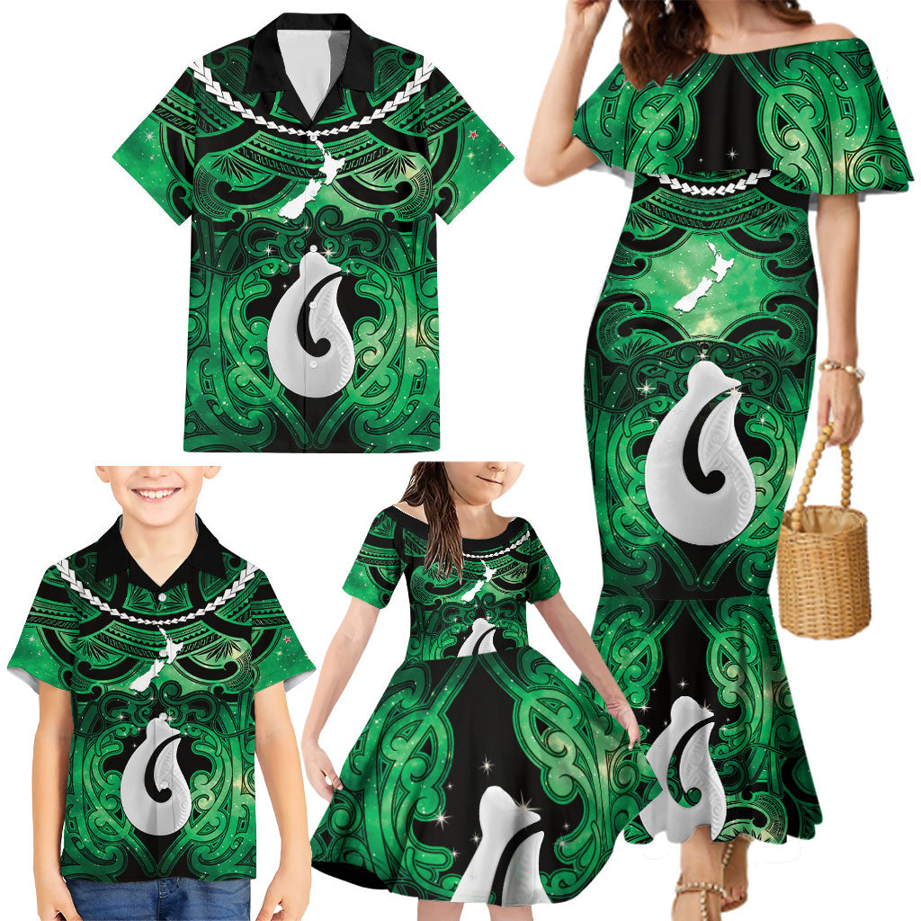 Personalised Maori Matariki Hei Matau Kakariki Family Matching Mermaid Dress and Hawaiian Shirt Maori Kowhaiwhai Pattern Galaxy