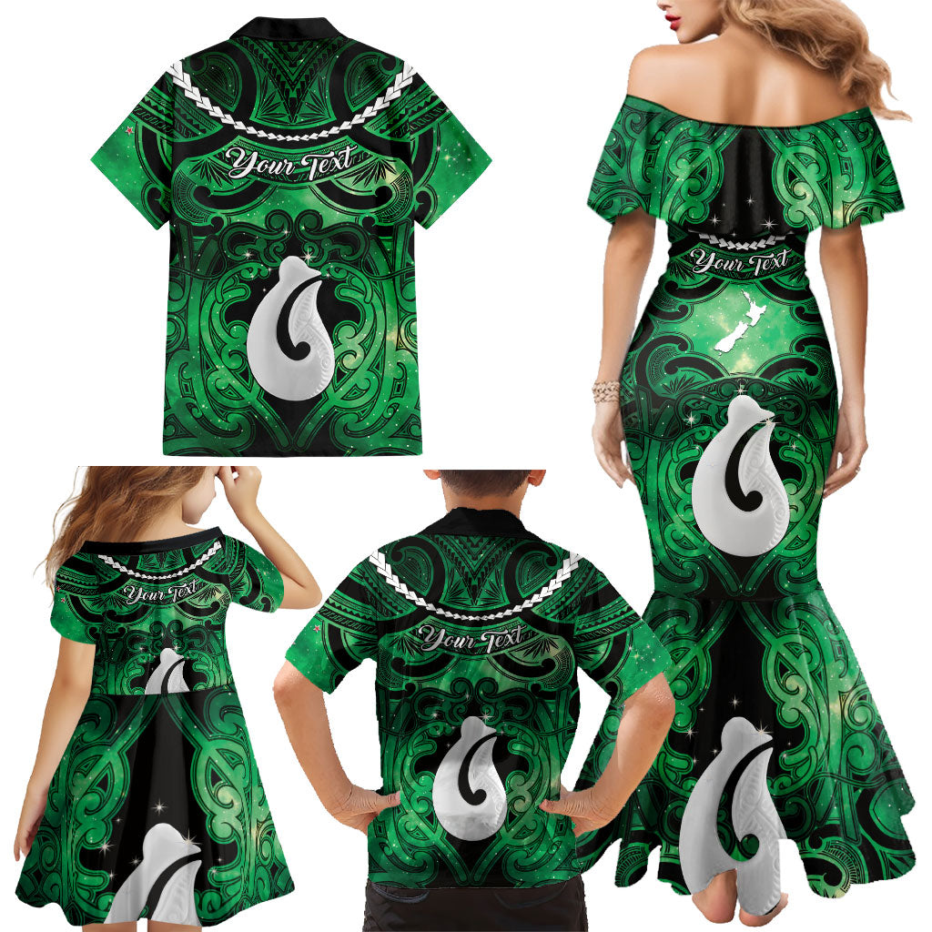 Personalised Maori Matariki Hei Matau Kakariki Family Matching Mermaid Dress and Hawaiian Shirt Maori Kowhaiwhai Pattern Galaxy