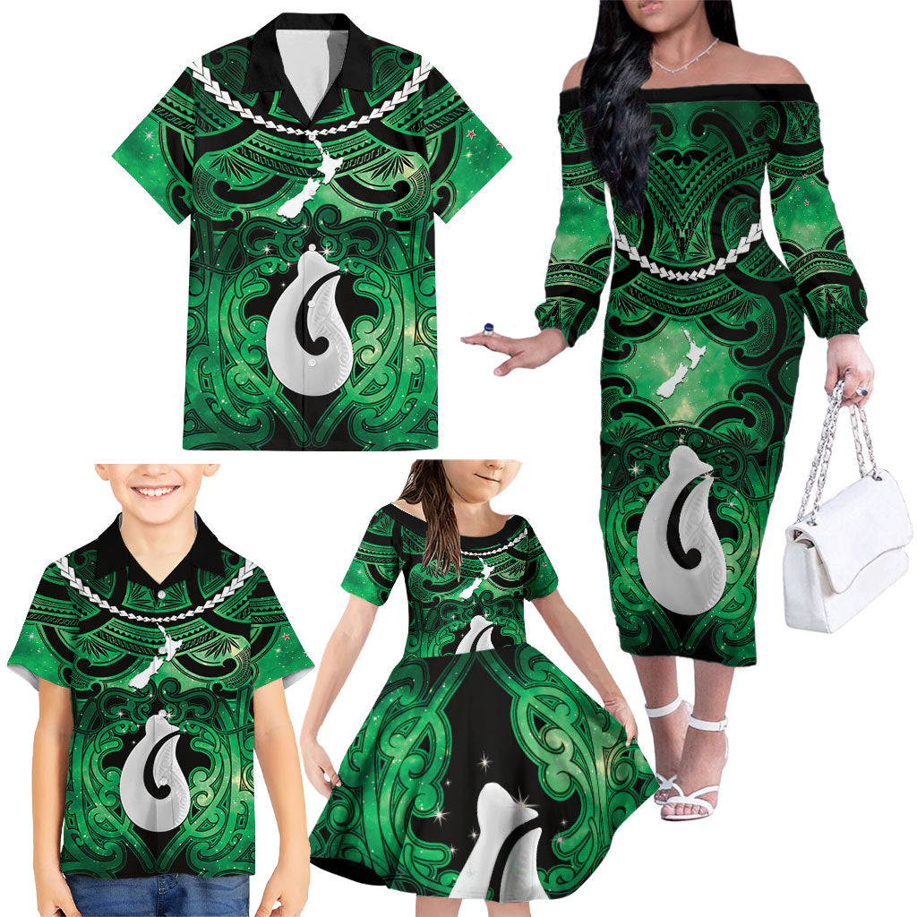 Personalised Maori Matariki Hei Matau Kakariki Family Matching Off The Shoulder Long Sleeve Dress and Hawaiian Shirt Maori Kowhaiwhai Pattern Galaxy