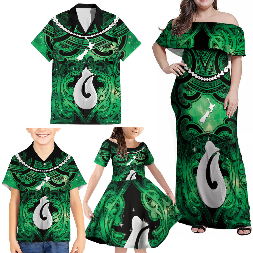 Personalised Maori Matariki Hei Matau Kakariki Family Matching Off Shoulder Maxi Dress and Hawaiian Shirt Maori Kowhaiwhai Pattern Galaxy