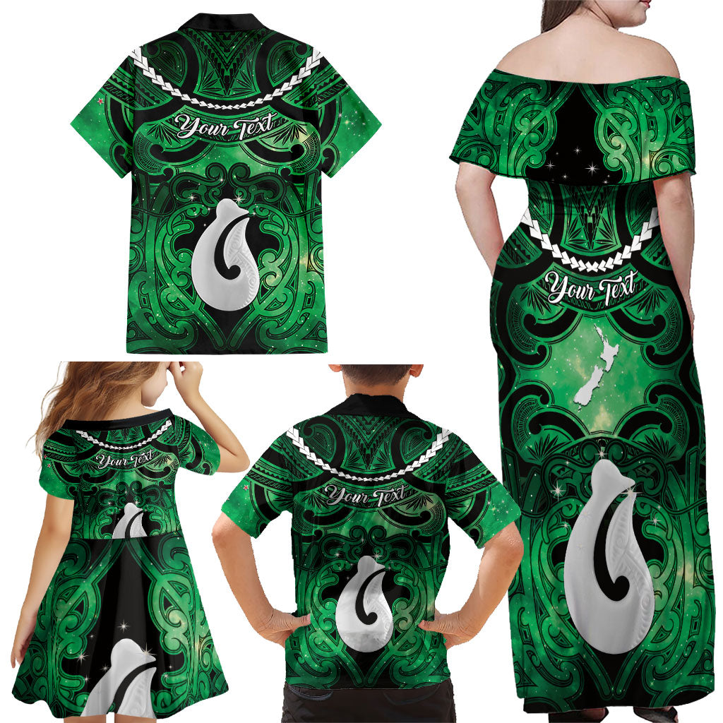 Personalised Maori Matariki Hei Matau Kakariki Family Matching Off Shoulder Maxi Dress and Hawaiian Shirt Maori Kowhaiwhai Pattern Galaxy
