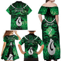 Personalised Maori Matariki Hei Matau Kakariki Family Matching Off Shoulder Maxi Dress and Hawaiian Shirt Maori Kowhaiwhai Pattern Galaxy