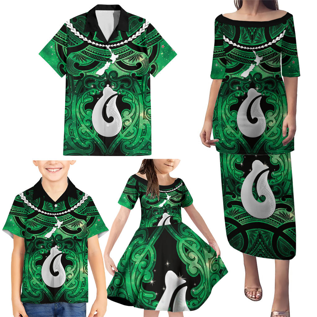 Personalised Maori Matariki Hei Matau Kakariki Family Matching Puletasi and Hawaiian Shirt Maori Kowhaiwhai Pattern Galaxy