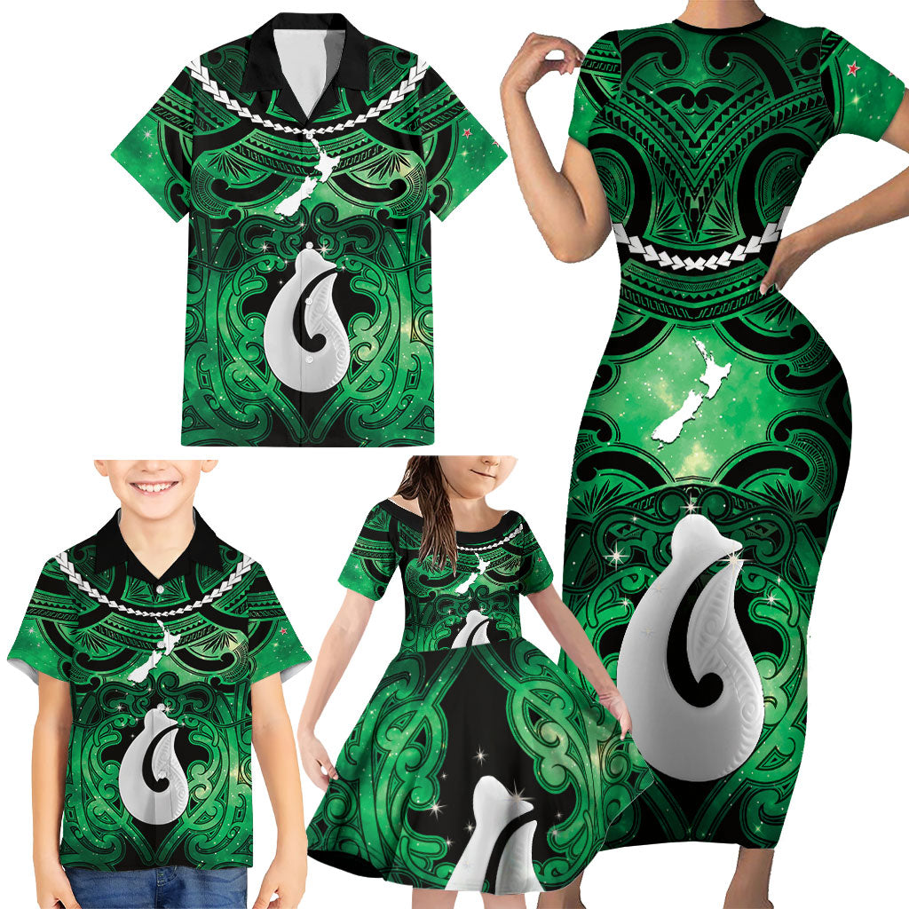 Personalised Maori Matariki Hei Matau Kakariki Family Matching Short Sleeve Bodycon Dress and Hawaiian Shirt Maori Kowhaiwhai Pattern Galaxy