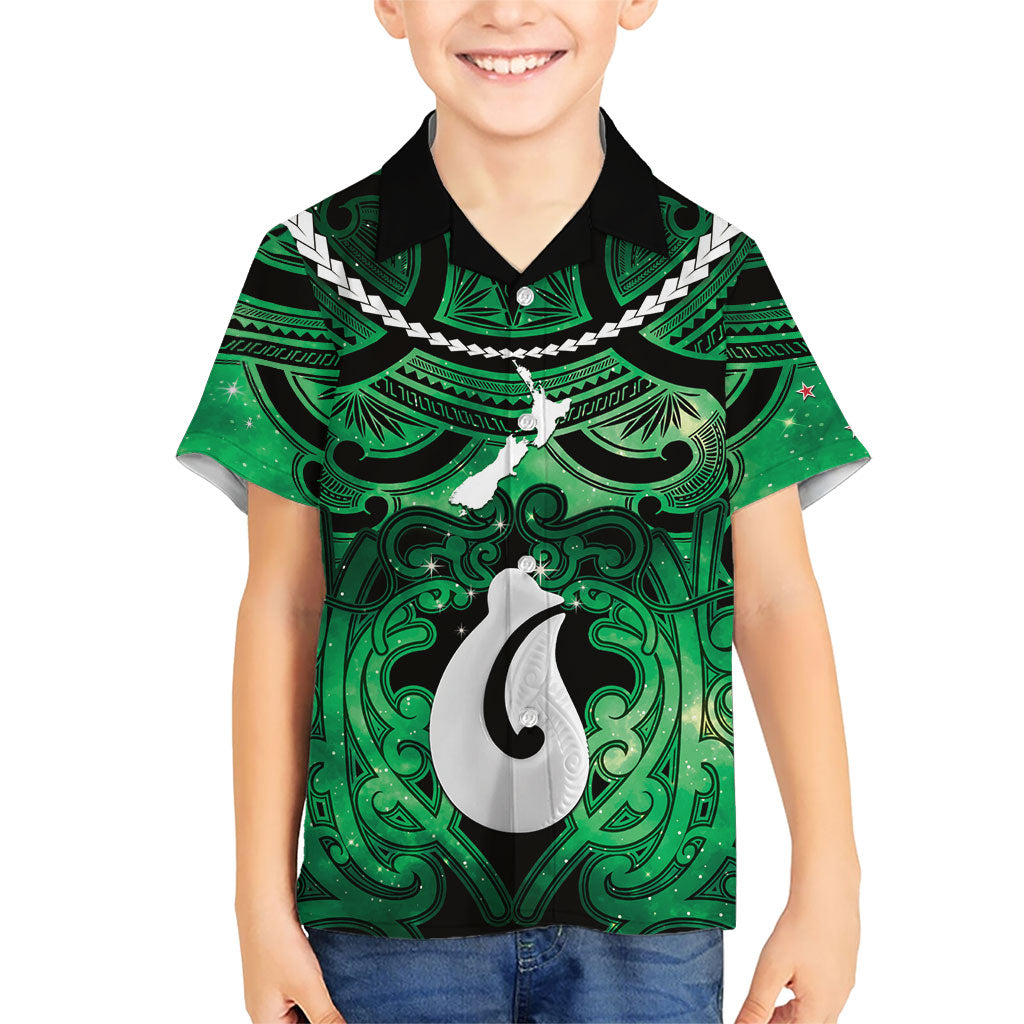 Personalised Maori Matariki Hei Matau Kakariki Kid Hawaiian Shirt Maori Kowhaiwhai Pattern Galaxy LT01 Kid Green - Polynesian Pride