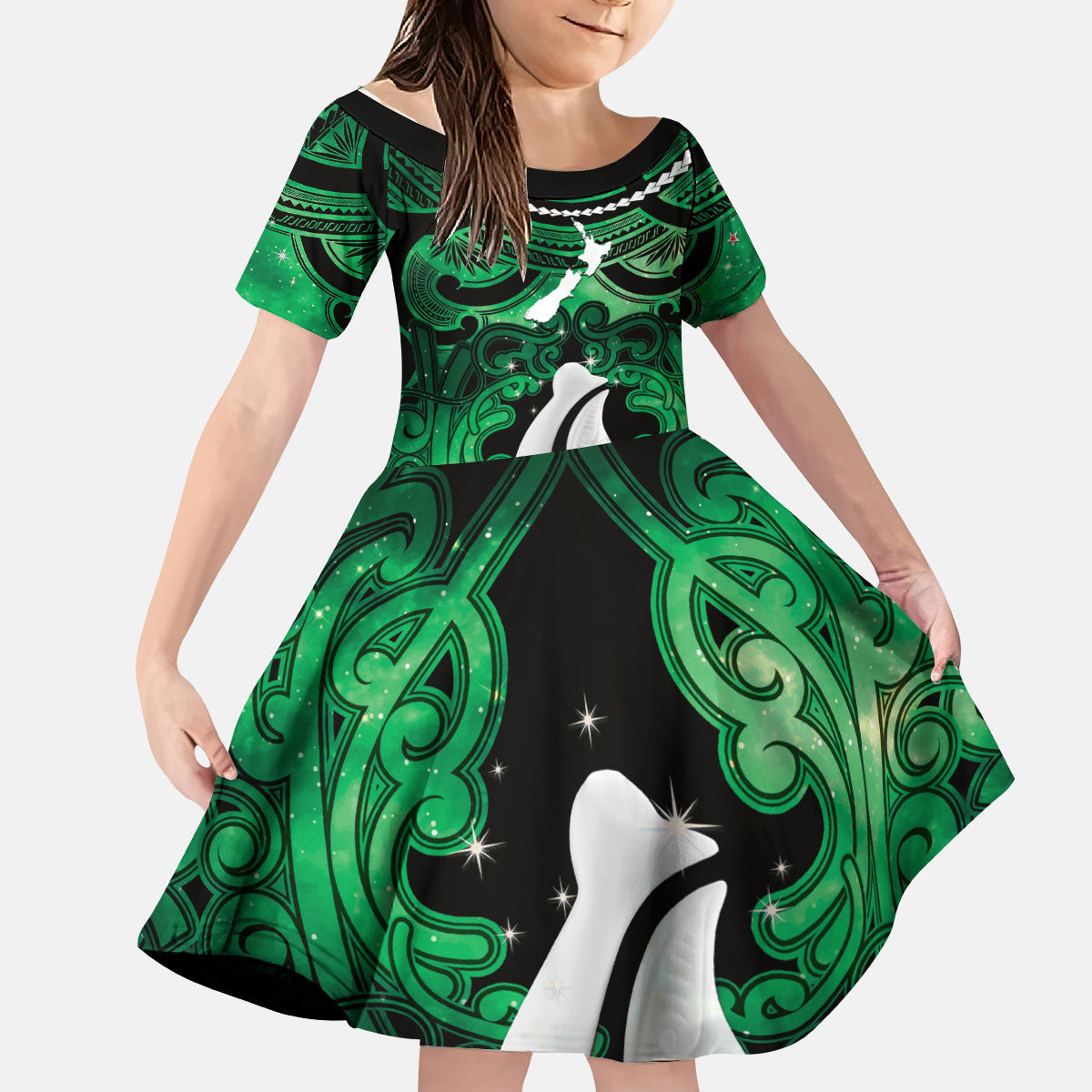 Personalised Maori Matariki Hei Matau Kakariki Kid Short Sleeve Dress Maori Kowhaiwhai Pattern Galaxy
