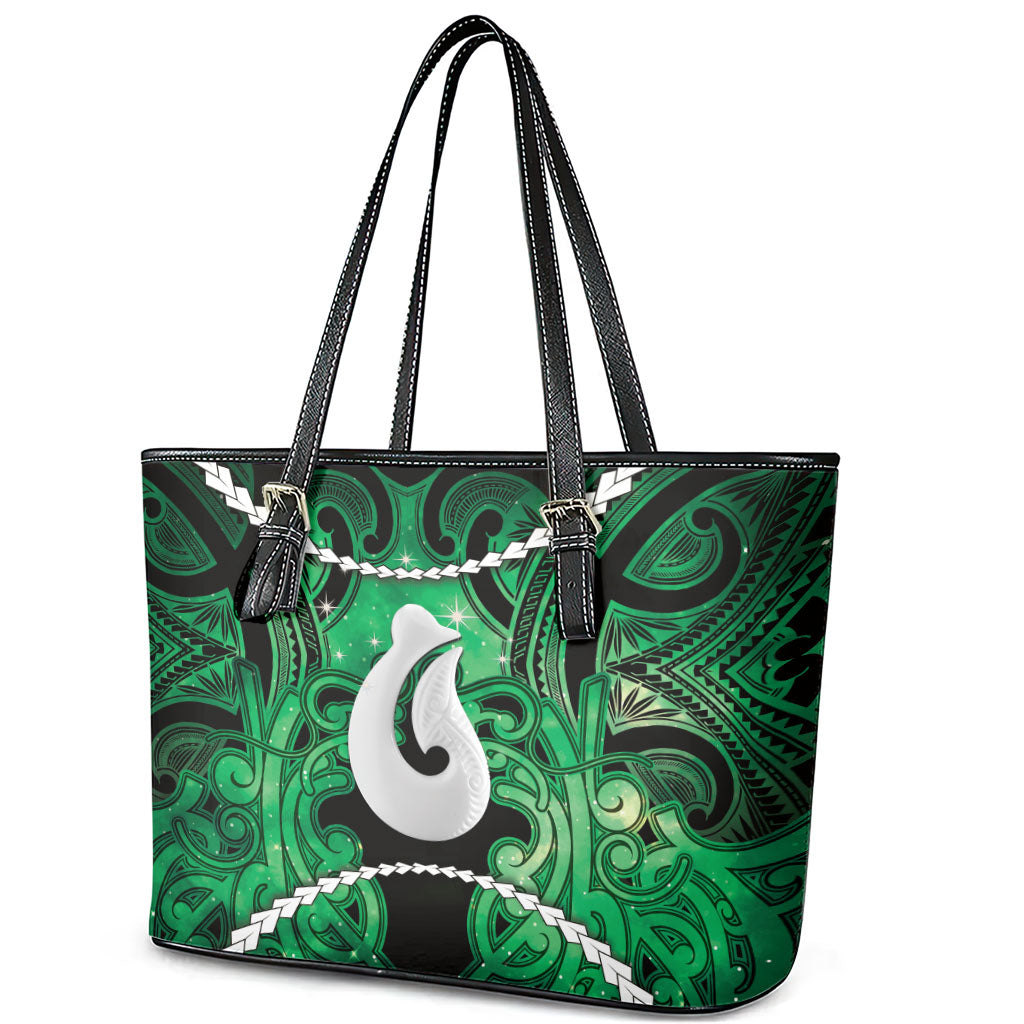 Maori Matariki Hei Matau Kakariki Leather Tote Bag Maori Kowhaiwhai Pattern Galaxy