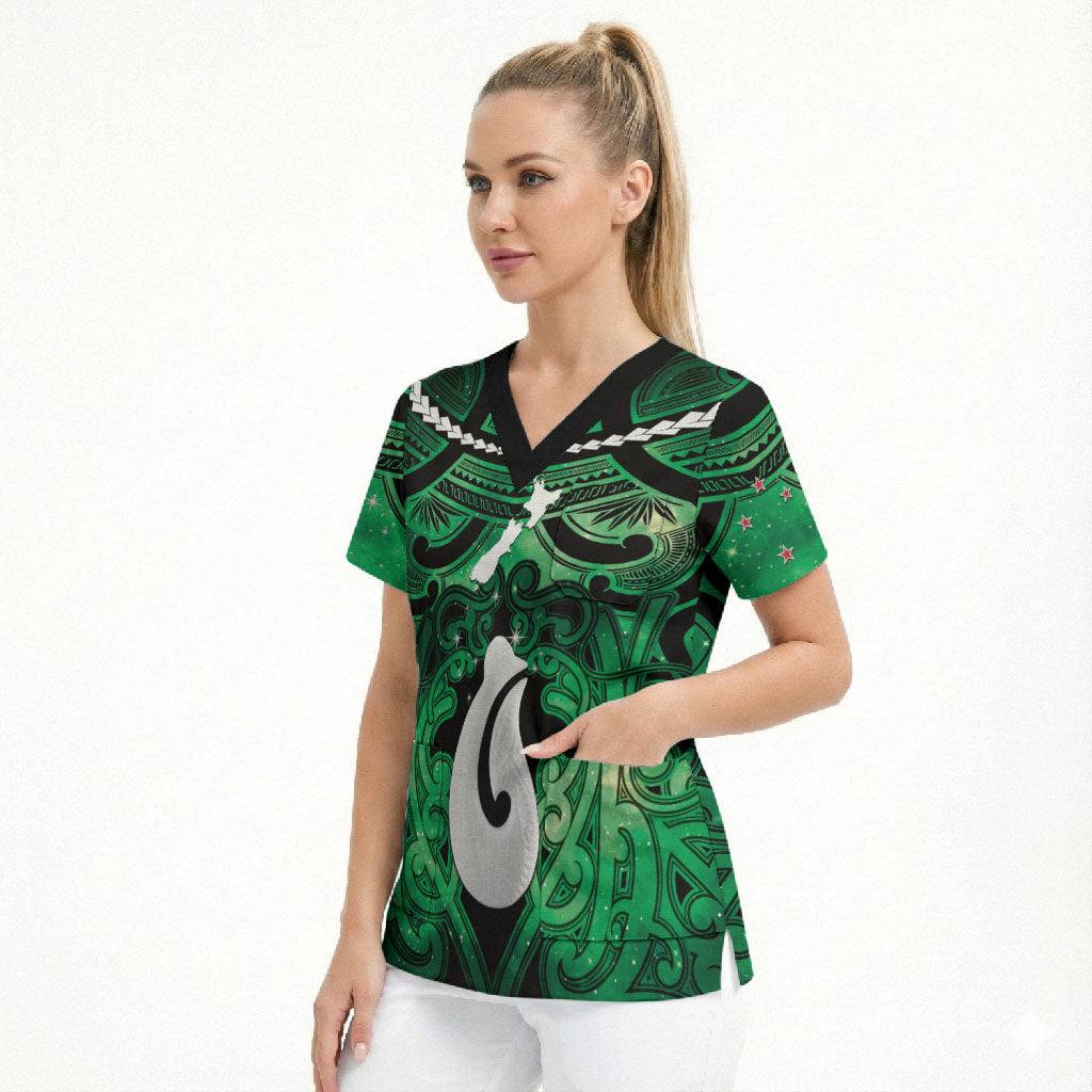 Personalised Maori Matariki Hei Matau Kakariki Scrub Top Maori Kowhaiwhai Pattern Galaxy
